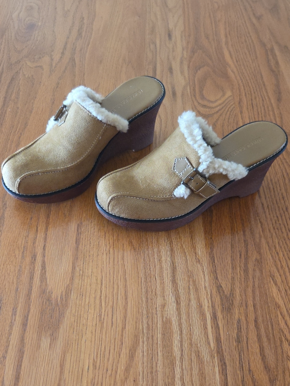 Women's Tan Faux Suede Shearling-Trim Wedge Clog